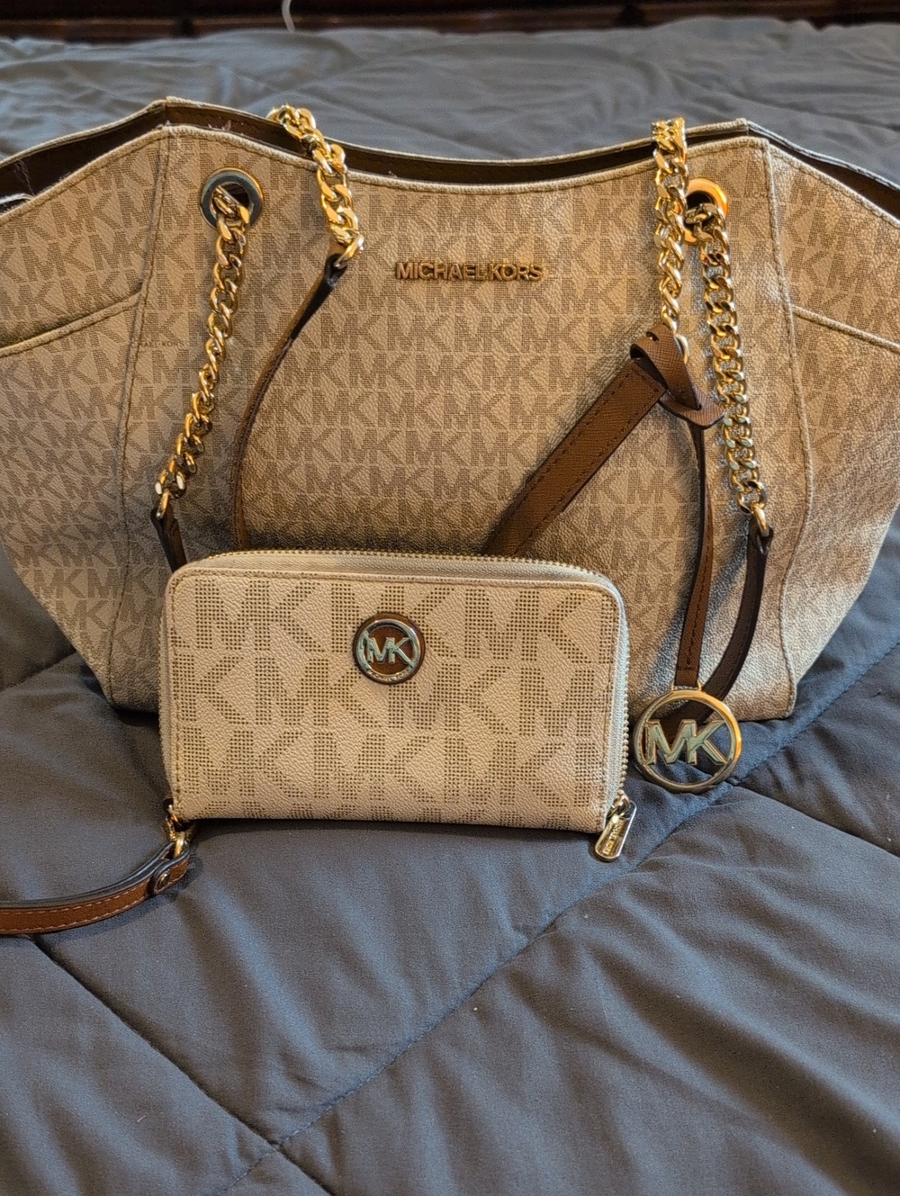 Michael Kors Cream Logo Chain Shoulder Bag with Tan Trim